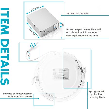 Luxrite 6 Inch Ultra Thin LED Recessed Downlights 5 CCT Selectable 2700K-5000K 15W 1400LM Dimmable 8-Pack LR23745-8PK